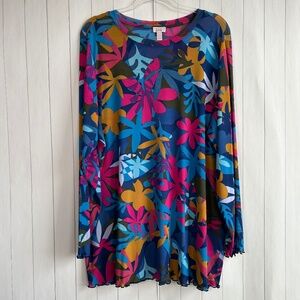 LOGO Layers Lori Goldstein plus size 2X mesh top long sleeve floral blue pink